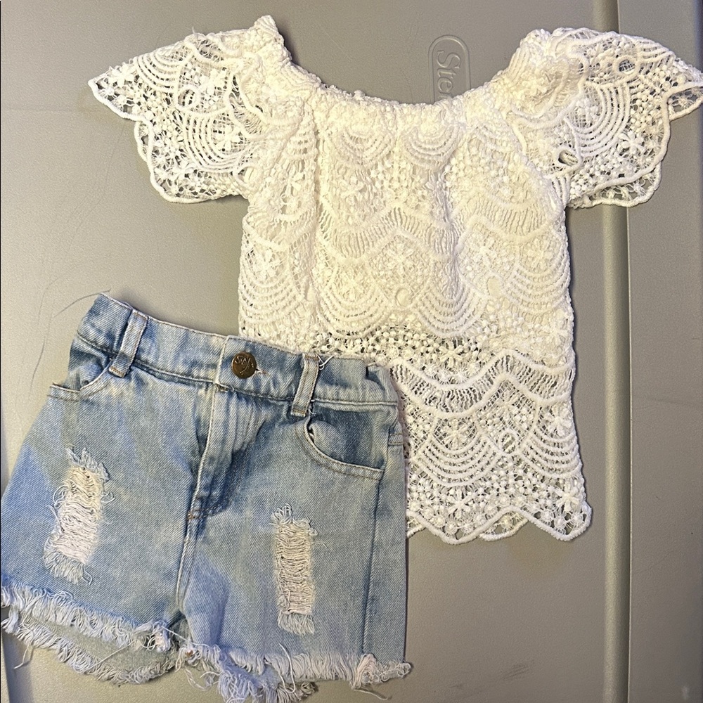 White Lace Top and Denim Shorts Set